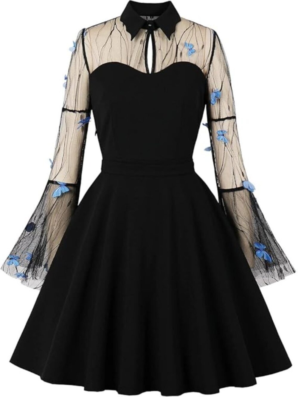 Vintage 50's Rockabilly Swing Dress Embroidered Floral Mesh Bell Sleeve S